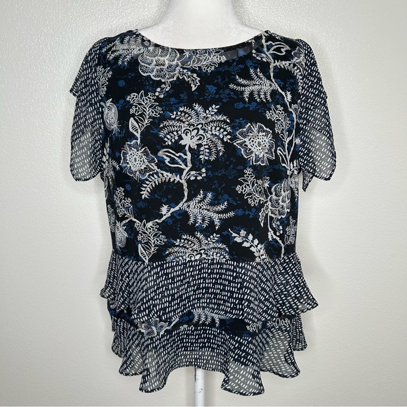 CAbi Tops - Cabi Blue & Black Hybrid Floral Chiffon Tiered Top Flutter Sleeve Style 5355 M